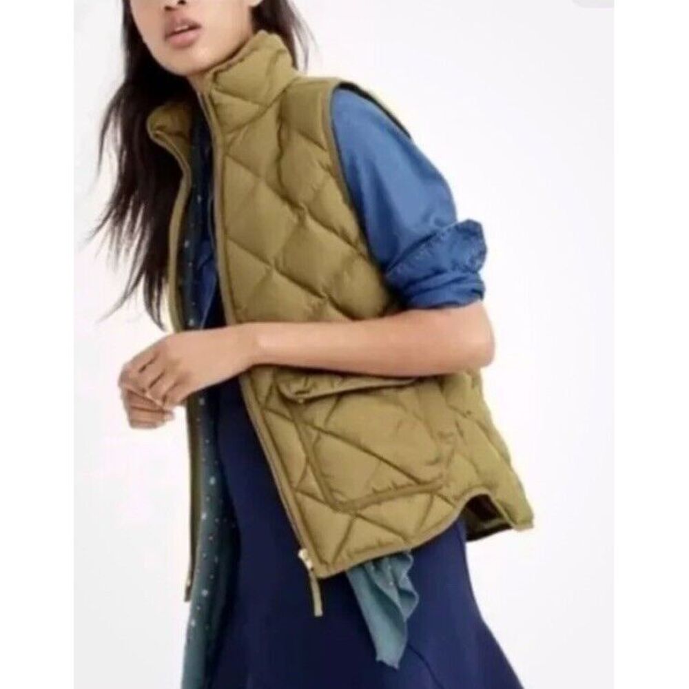 J Crew Vest Womens S Olive Green Quilted Excursion Down Vest Hiking B0109
